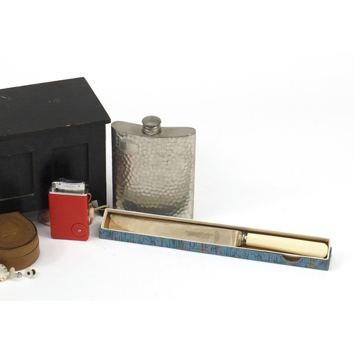 3023 - Objects including a vintage Lisistor radio lighter, hip flask and book of autographs and a miniature... 