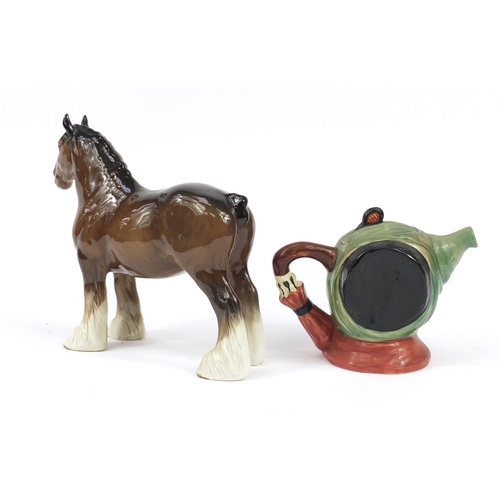 2633 - Brown Beswick horse and teapot numbered 169, the horse 21cm high