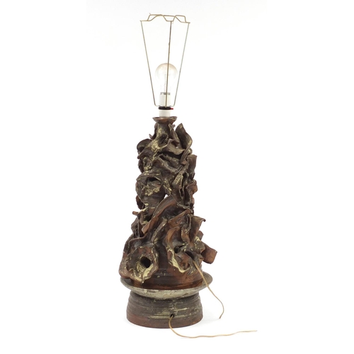 2520 - Studio pottery naturalistic table lamp, 55cm high excluding the fitting