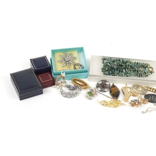 2908 - Costume jewellery including a Scottish silver citrine brooch, necklaces, and wristwatches