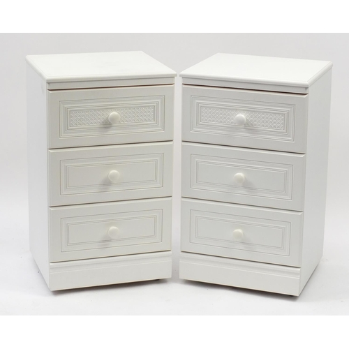 2033 - Pair of cream painted three drawer bedside chests, 79cm H x 45cm W x 41cm D