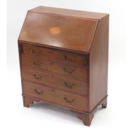 2064 - Edwardian inlaid mahogany bureau, the fall enclosing a fitted interior above four drawers, 97cm H x ... 