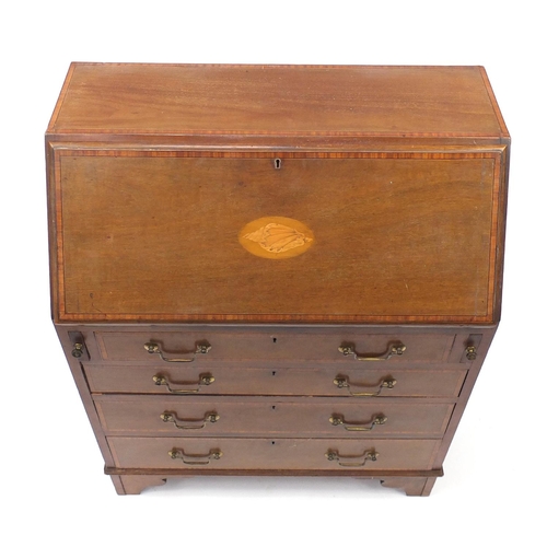 2064 - Edwardian inlaid mahogany bureau, the fall enclosing a fitted interior above four drawers, 97cm H x ... 