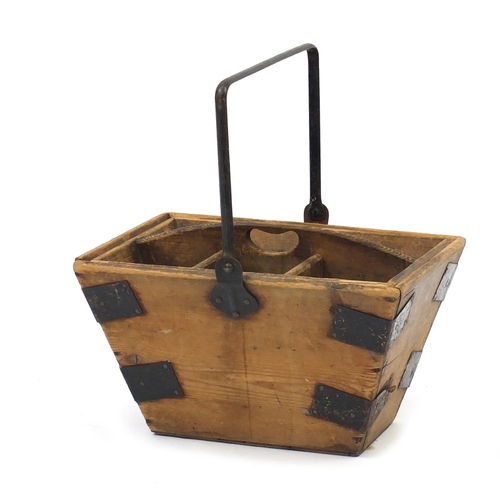 2121 - Vintage pine basket with iron mounts, 38cm wide