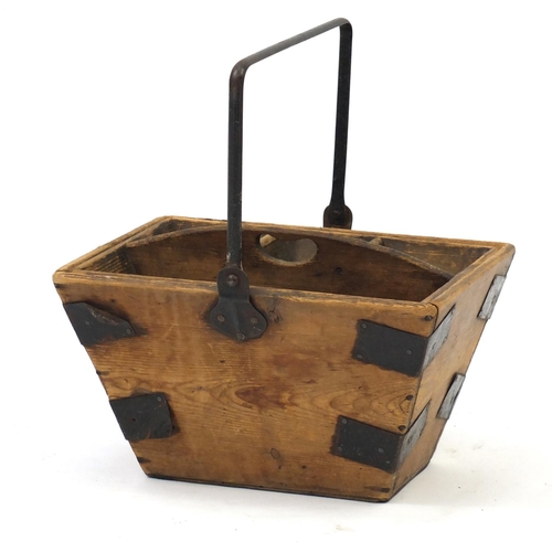 2121 - Vintage pine basket with iron mounts, 38cm wide