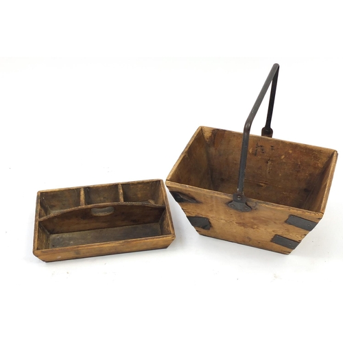 2121 - Vintage pine basket with iron mounts, 38cm wide