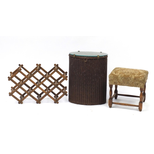 2042 - Lloyd loom laundry basket, folding wine rack and a stool