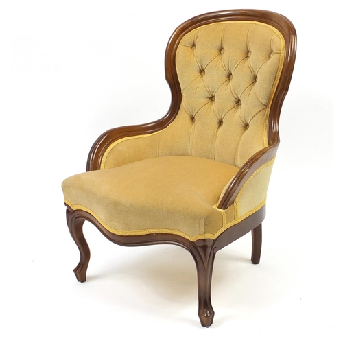 2016 - Mahogany framed bedroom chair with gold button back upholstery, 83cm high