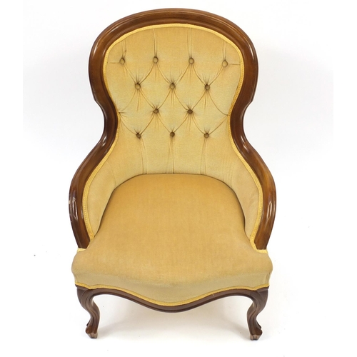 2016 - Mahogany framed bedroom chair with gold button back upholstery, 83cm high