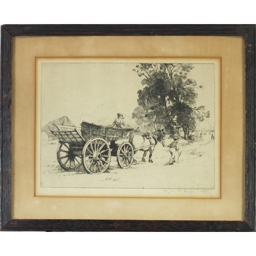 2384 - Phyllis M Legge - Work horse and landscape, two pencil signed black and white etchings, mounted and ... 