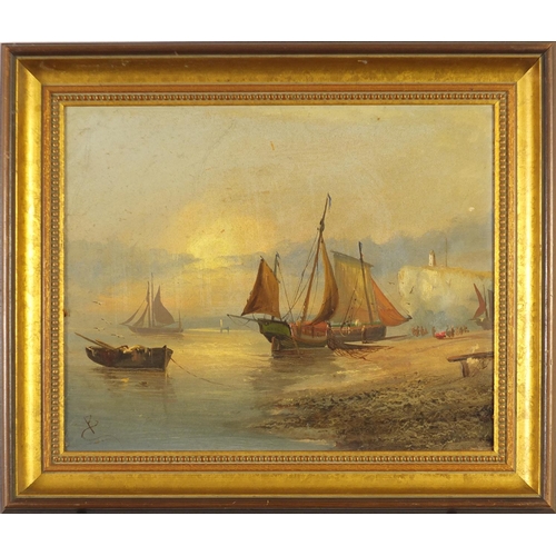 2156 - Coastal scene with moored boats, oil on board, bearing a monogram B, Stacy Marks label verso, framed... 