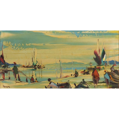 2175 - Deakins - Continental coastal scene, oil on board, mounted and framed, 60cm x 29cm