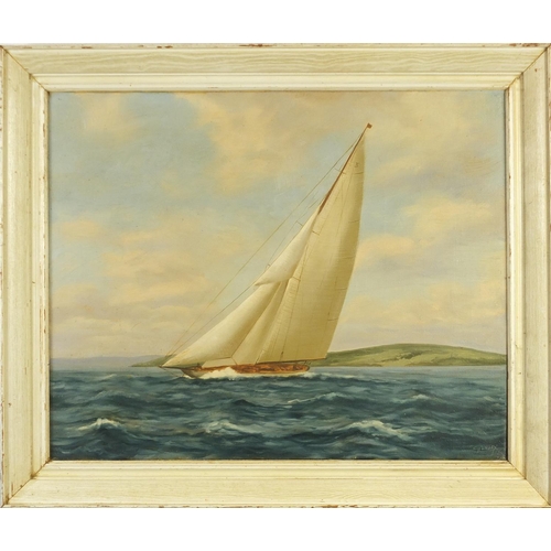 2204 - Sailing boat on calm seas, oil on canvas, bearing a signature Gililley, mounted and framed, 49.5cm x... 