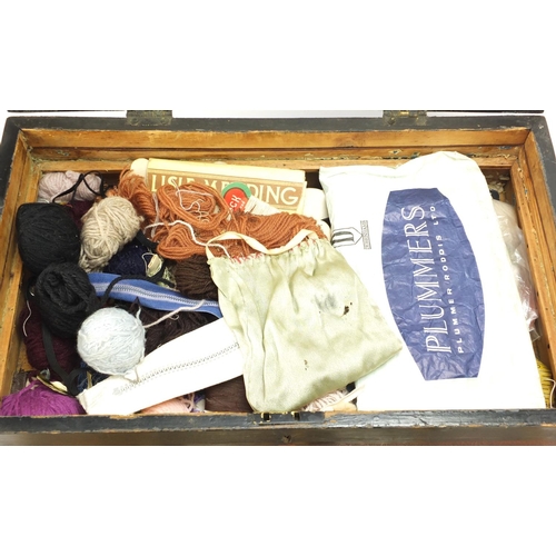 2851 - Sewing box with contents including silver thimble and cotton reels