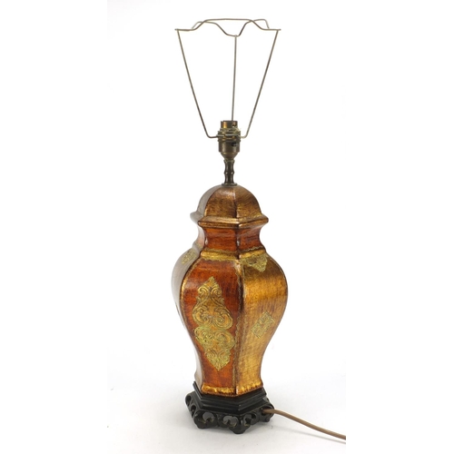 2657 - Chinese hexagonal lacquered vase style table lamp, 34.5cm high excluding fittings