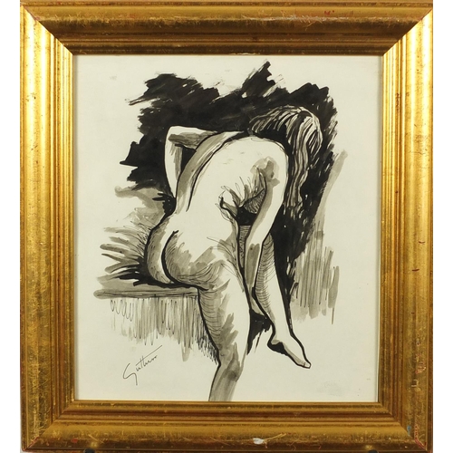 2220 - Portrait of a nude female, ink and watercolour, bearing a signature Guttuso, framed and glazed, 30.5... 