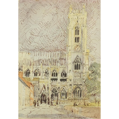 2217 - Manner of John Piper - Beverly Minster, Yorkshire, ink and watercolour on paper, details verso, fram... 