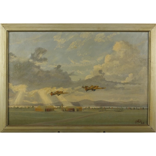 2276 - Hurricanes taking off, Military interest oil on canvas, bearing a monogram CACS, framed, 60cm x 39.5... 