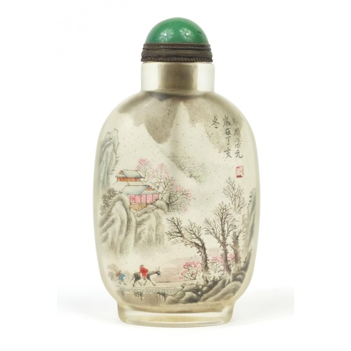 3005 - Chinese glass snuff bottle internally hand painted with a snowy landscape and calligraphy, 9.5cm hig... 