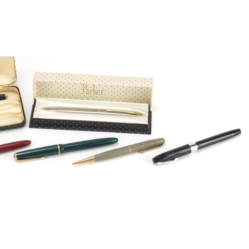 760 - Vintage and later fountain pens and propelling pencils, some with gold nibs, including Parker and Sh... 