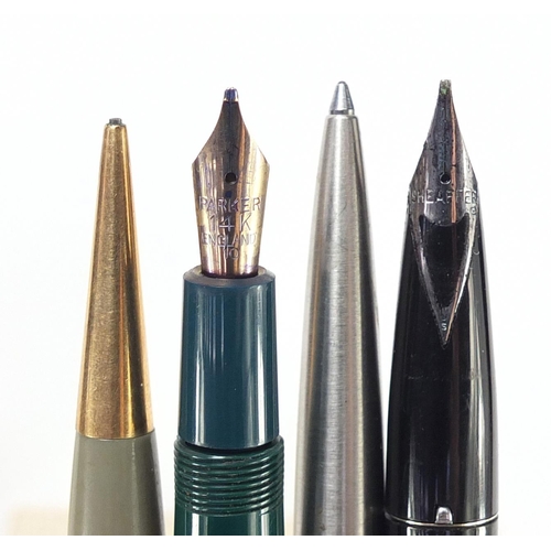 760 - Vintage and later fountain pens and propelling pencils, some with gold nibs, including Parker and Sh... 