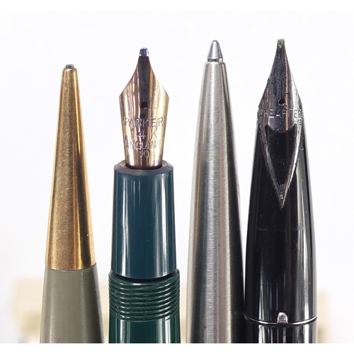 760 - Vintage and later fountain pens and propelling pencils, some with gold nibs, including Parker and Sh... 