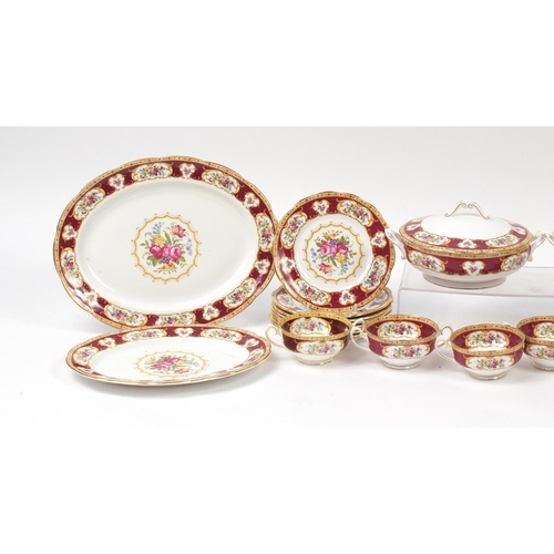 1275 - Royal Albert Lady Hamilton dinner and teaware including lidded tureen, plates and twin handled cups