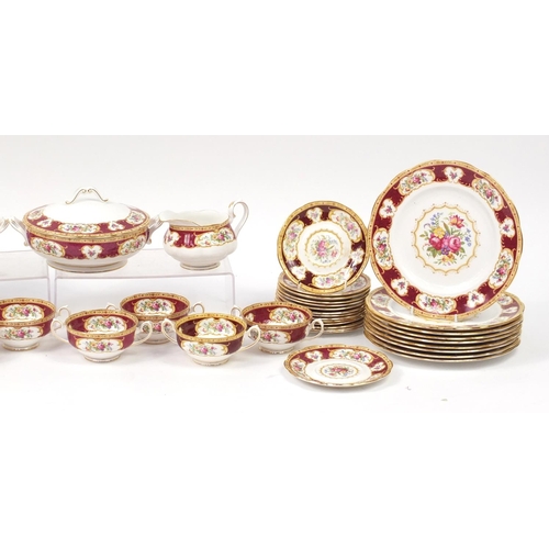 1275 - Royal Albert Lady Hamilton dinner and teaware including lidded tureen, plates and twin handled cups