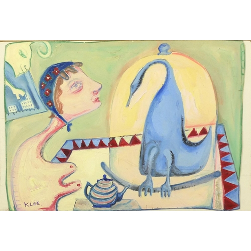 69 - After Paul Klee - Abstract composition, surreal figure and animal, mixed media on card, framed, 35cm... 