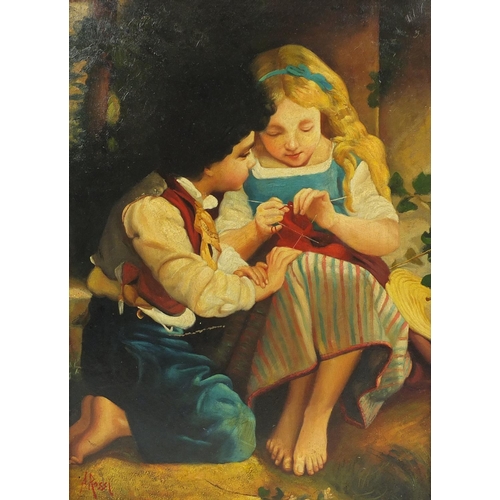 659 - Two young children knitting, Italian school oil on board, framed, 55.5cm x 40cm