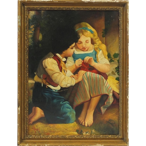 659 - Two young children knitting, Italian school oil on board, framed, 55.5cm x 40cm