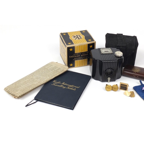 2762 - Objects including Cook's international travelling tickets, two paperweights and a Kodak Baby Brownie