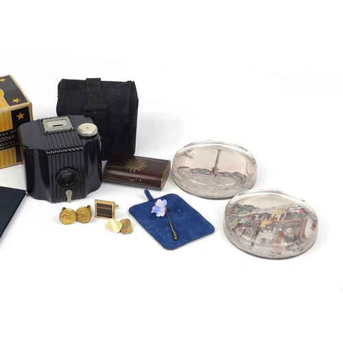 2762 - Objects including Cook's international travelling tickets, two paperweights and a Kodak Baby Brownie