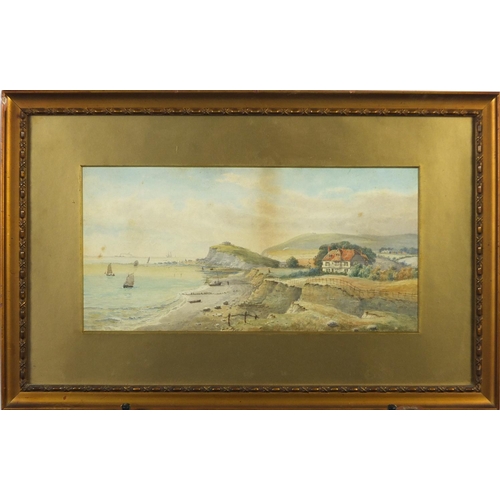 2310 - Coastal scene, Victorian watercolour, mounted and framed, 35cm x 17cm