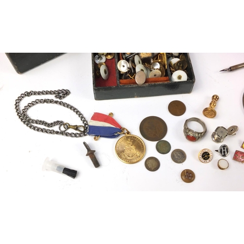 2915 - Miscellaneous objects including cuff inks, Victorian jewellery box and coins