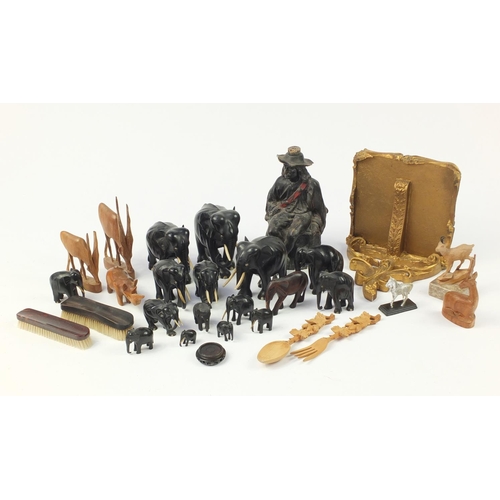 2470 - Sundry items including carved ebony elephants and a gilt wall bracket