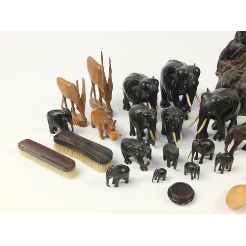 2470 - Sundry items including carved ebony elephants and a gilt wall bracket