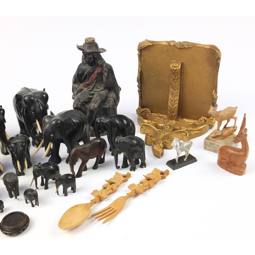 2470 - Sundry items including carved ebony elephants and a gilt wall bracket