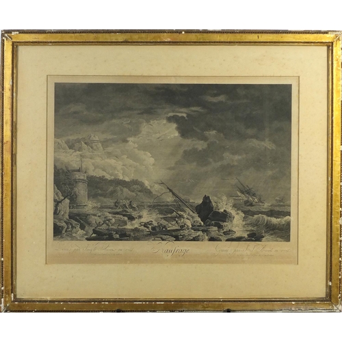 2335 - Naufrage, antique black and white etching, mounted and framed, 60.5cm x 45cm