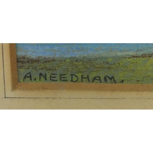 2307 - A Needham - Coastal scene, pastel, mounted and framed, 26cm x 14cm