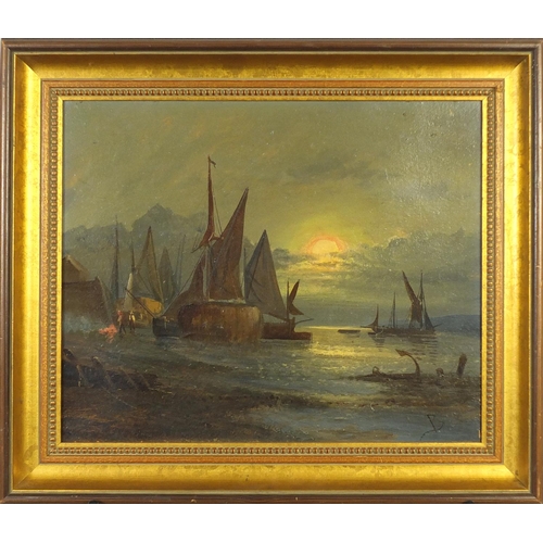 2191 - Moored fishing boats, oil on board, bearing a monogram B, Stacey Marks label verso, framed, 41cm x 3... 