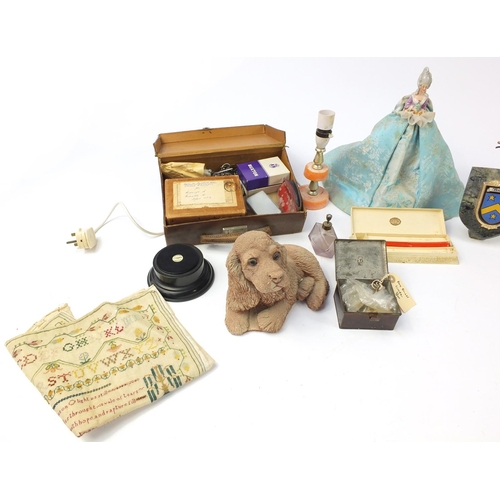 2430 - Sundry items including a Junghans electric wall clock, Victorian half pin doll and ephemera