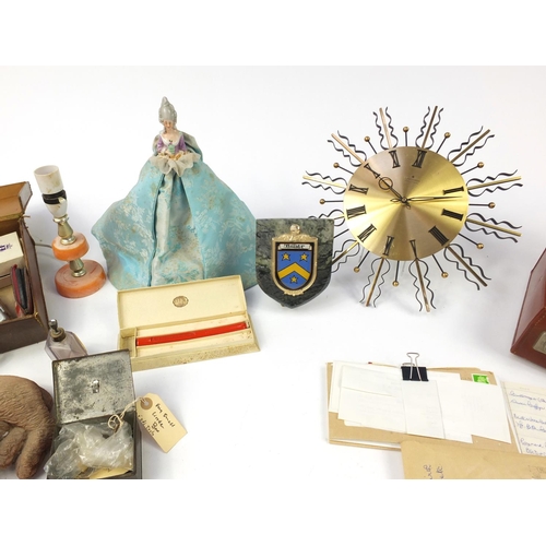 2430 - Sundry items including a Junghans electric wall clock, Victorian half pin doll and ephemera