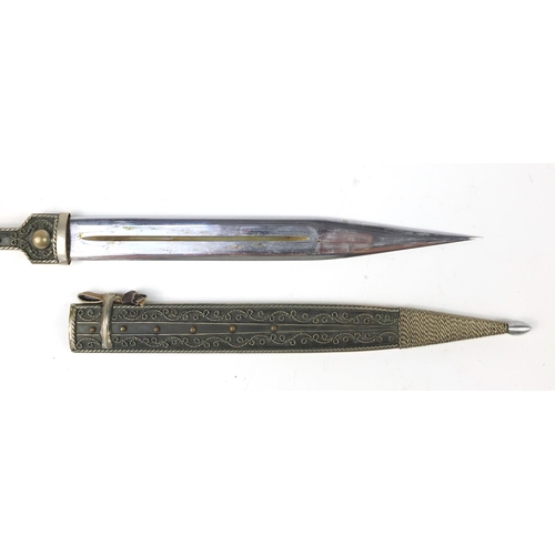 2929 - Middle Eastern dagger with silver coloured metal handle and scabbard