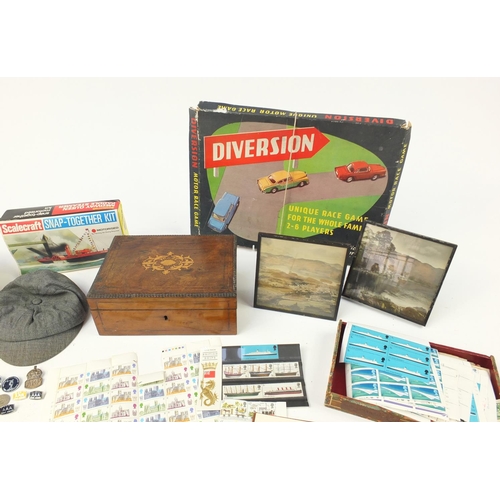 2342 - Sundry items including inlaid jewellery box, mint unused stamps and Diversion motor race game