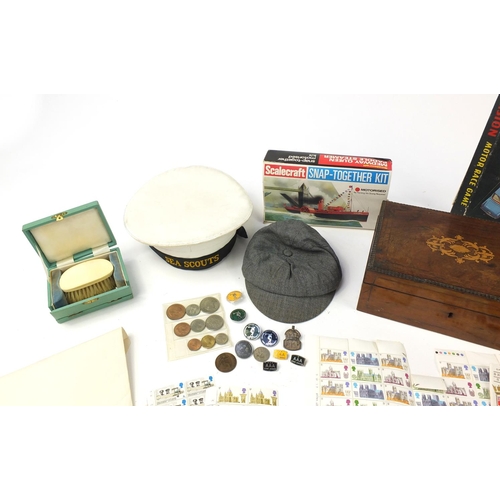 2342 - Sundry items including inlaid jewellery box, mint unused stamps and Diversion motor race game