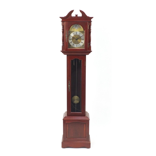 2007 - Mahogany long case clock with moon face dial, 185cm high