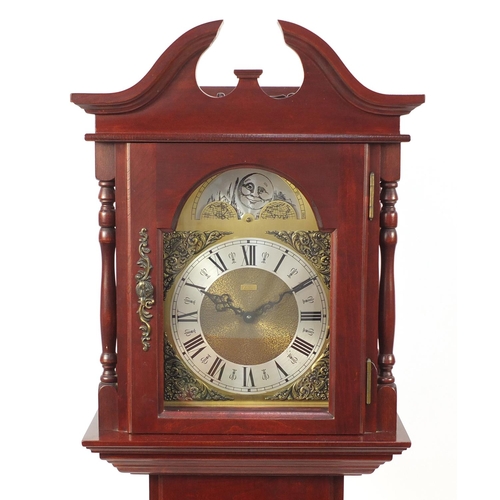 2007 - Mahogany long case clock with moon face dial, 185cm high