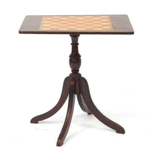 2081 - Inlaid mahogany tilt top chess table, 52cm H x 51cm W x 38cm D