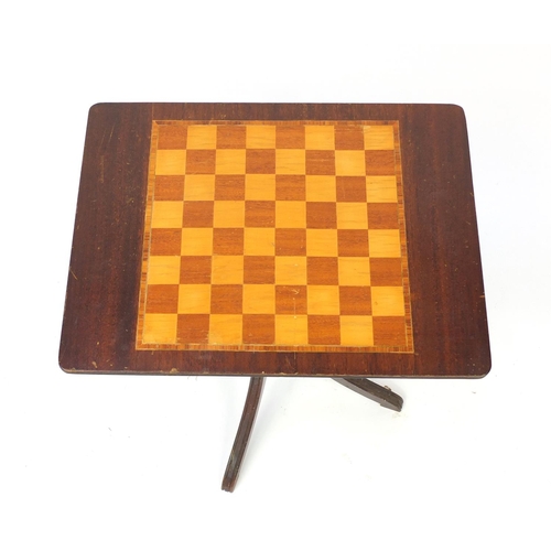 2081 - Inlaid mahogany tilt top chess table, 52cm H x 51cm W x 38cm D